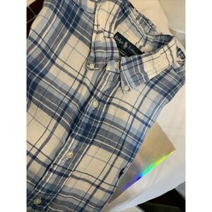 Ralph Lauren Classic Fit 100% Linen Shirt Button Down Light Blue Plaid Mens Sz L